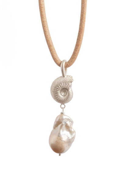 Ammonite & Baroque Pearl Pendant - Relic