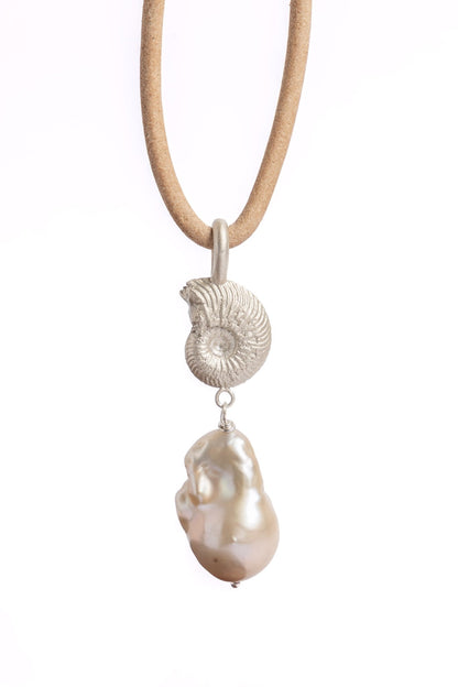 Ammonite & Baroque Pearl Pendant - Relic