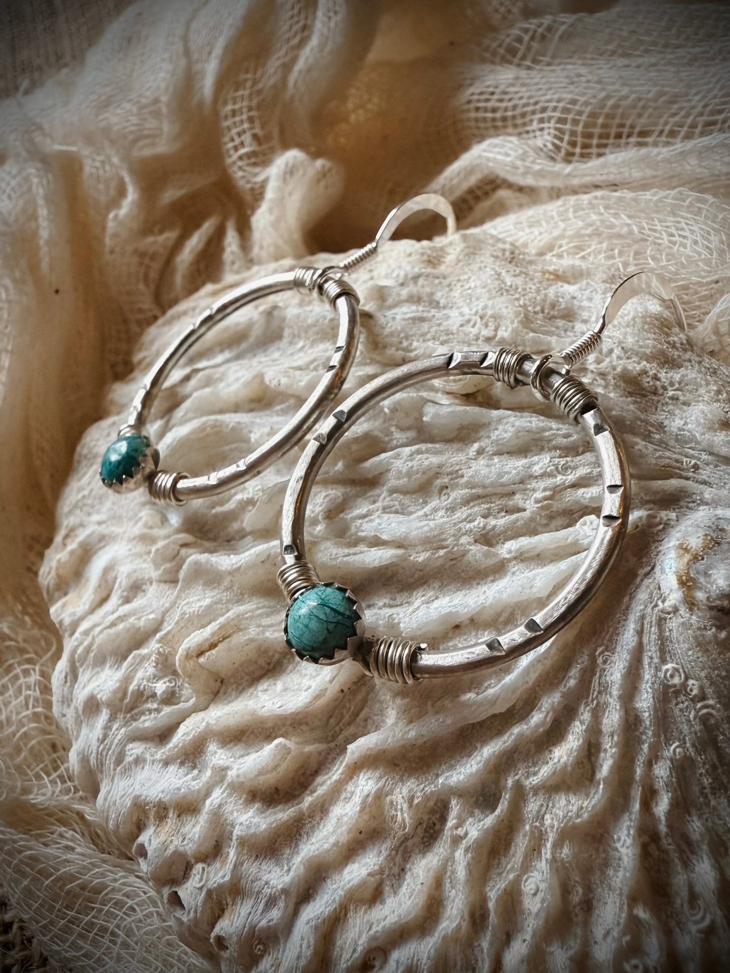 Chrysocolla Sterling Silver Stamped Circle Earrings - Relic