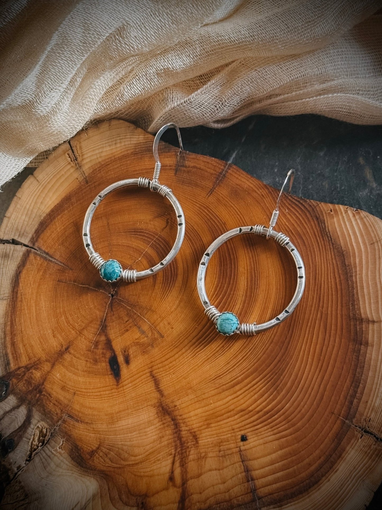 Chrysocolla Sterling Silver Stamped Circle Earrings - Relic