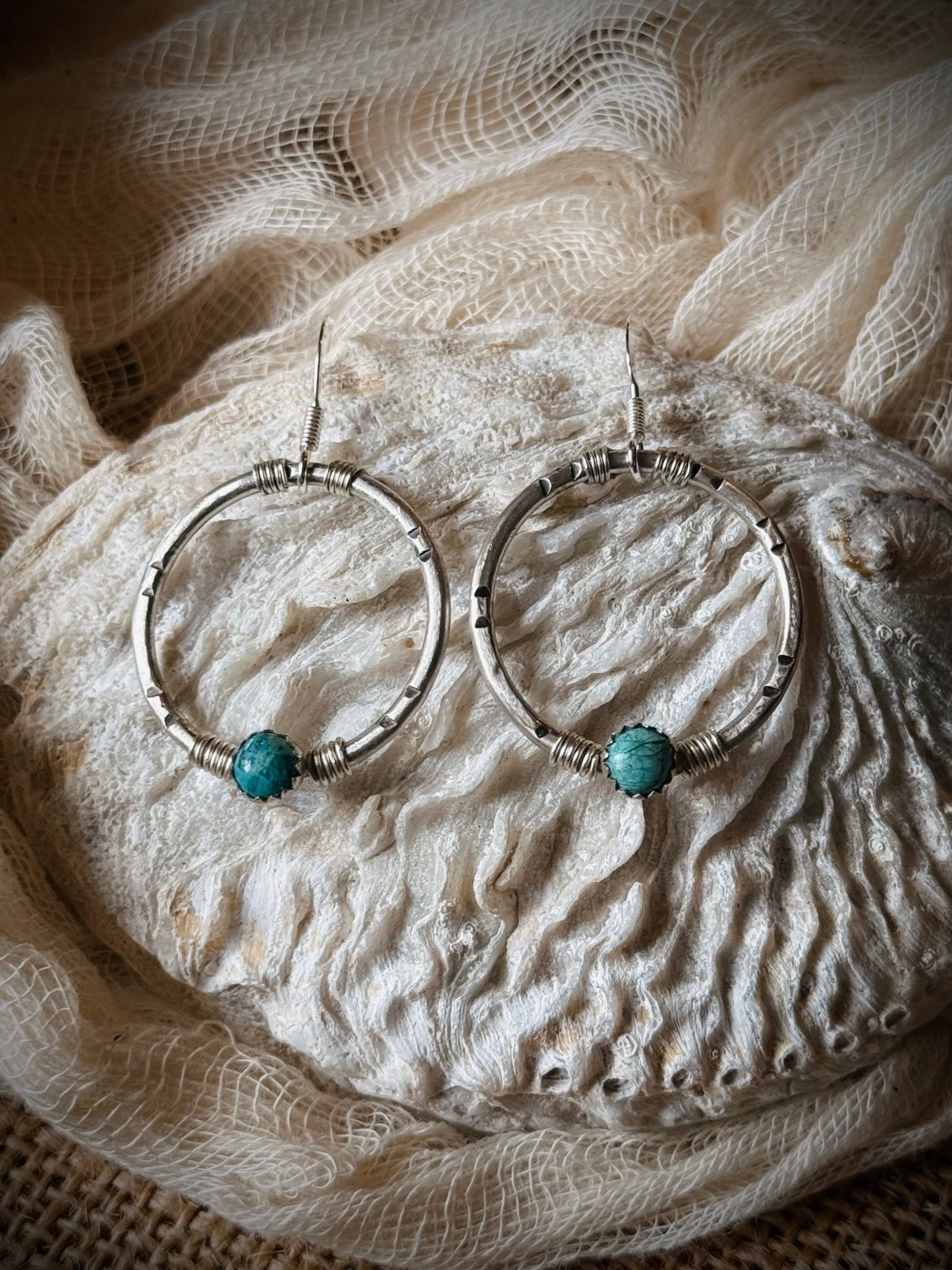 Chrysocolla Sterling Silver Stamped Circle Earrings - Relic