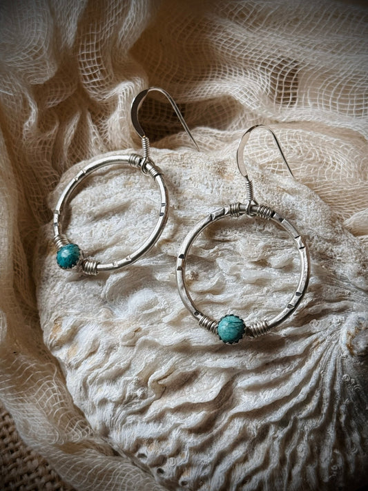 Chrysocolla Sterling Silver Stamped Circle Earrings - Relic