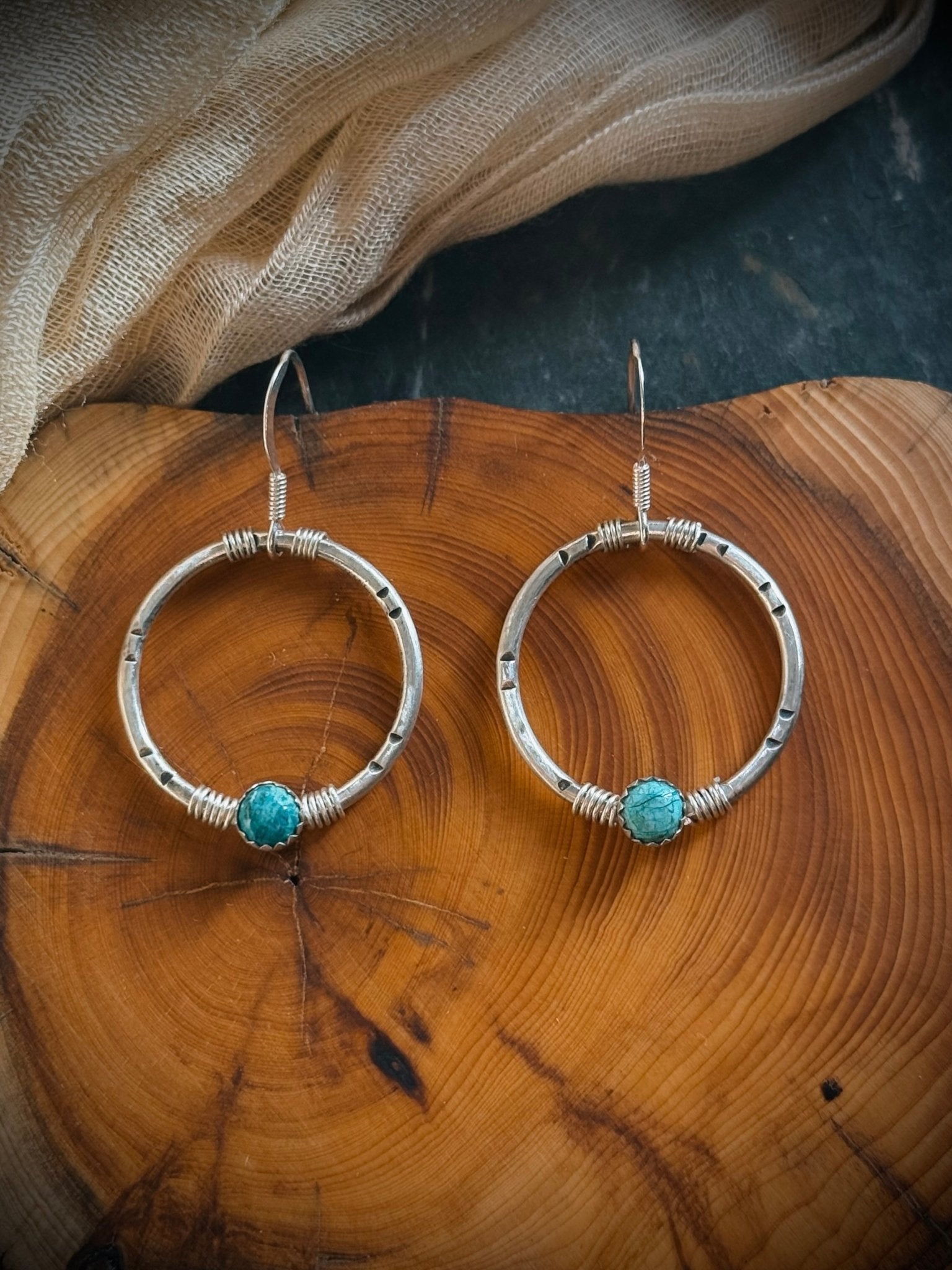 Chrysocolla Sterling Silver Stamped Circle Earrings - Relic