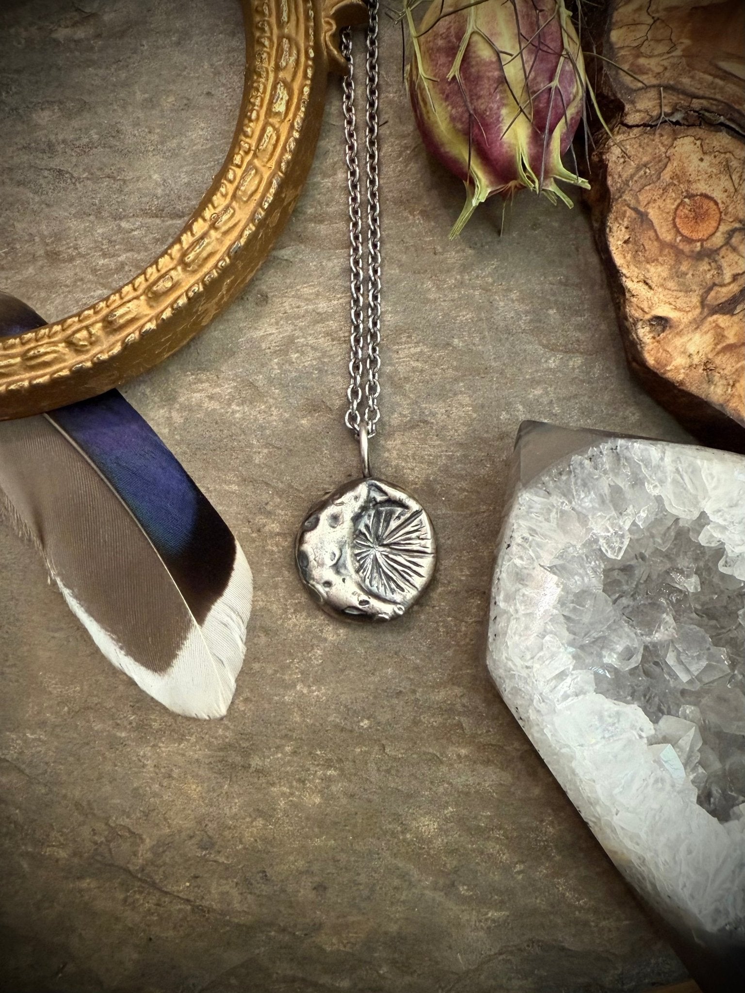 Midnight Radiance Handmade Crescent Moon & Starburst Pendant | A Talisman of Divine Illumination, Oneness, and Inner Light - Relic