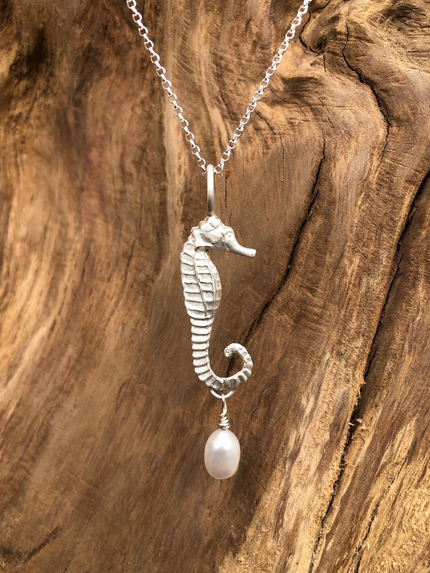 Ocean’s Grace Handcrafted Seahorse Pendant in Sterling Silver with dangling Pearl on silver chain by Relic