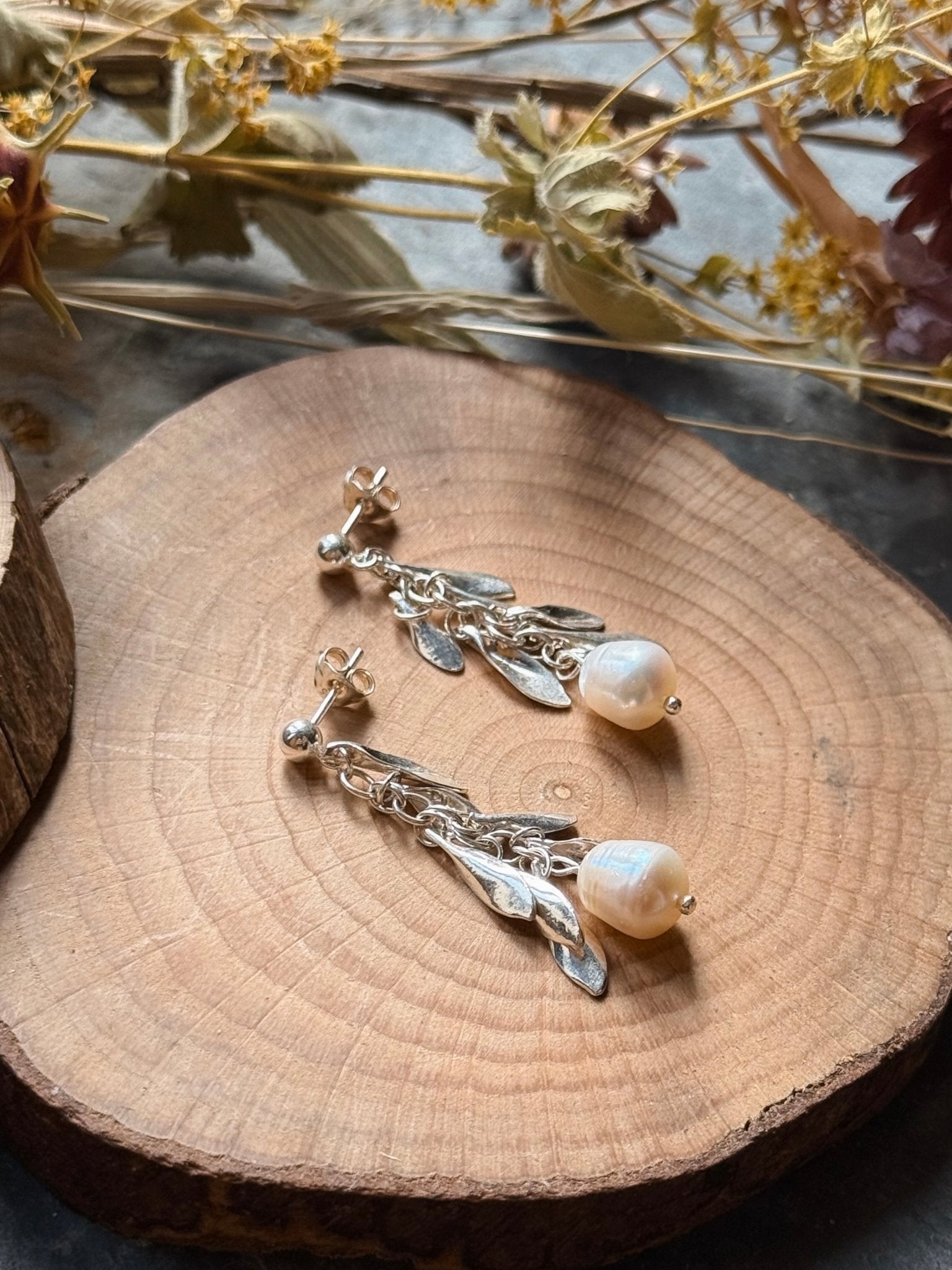 Pearl & Silver Leaf Chain Dangle Earrings - Relic