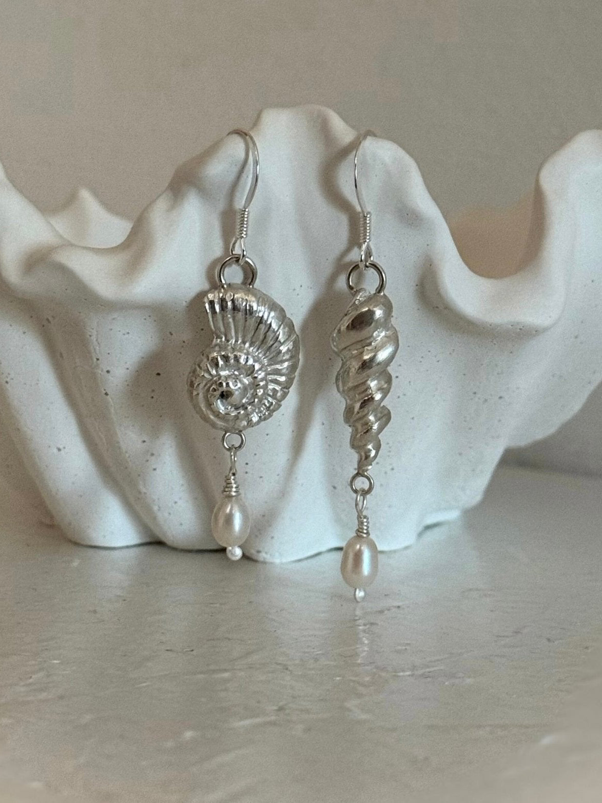 Seashell Serenity Asymmetrical Earrings with Freshwater Pearls - Relic