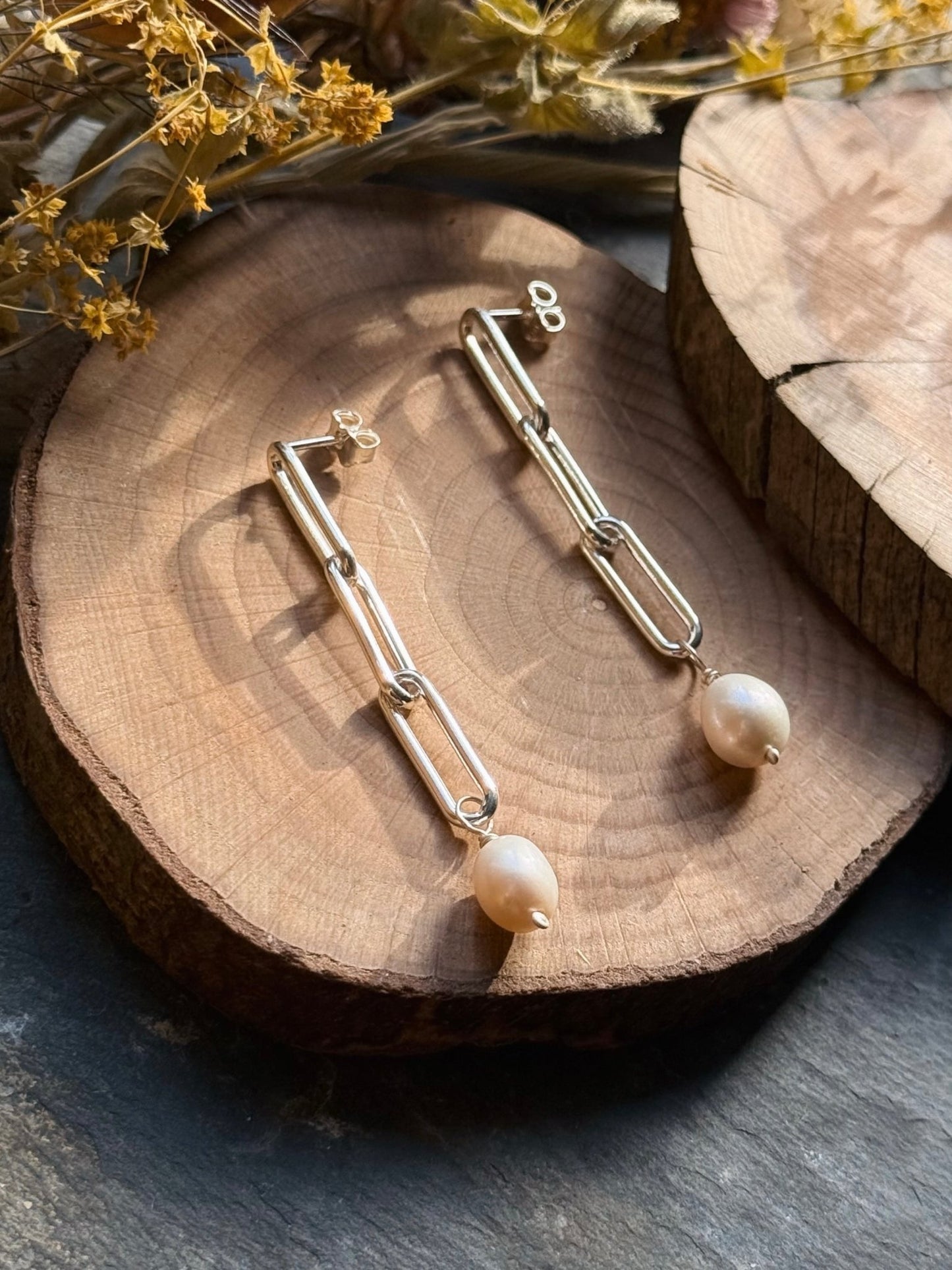 Silver Link & Pearl Drop Earrings - Relic