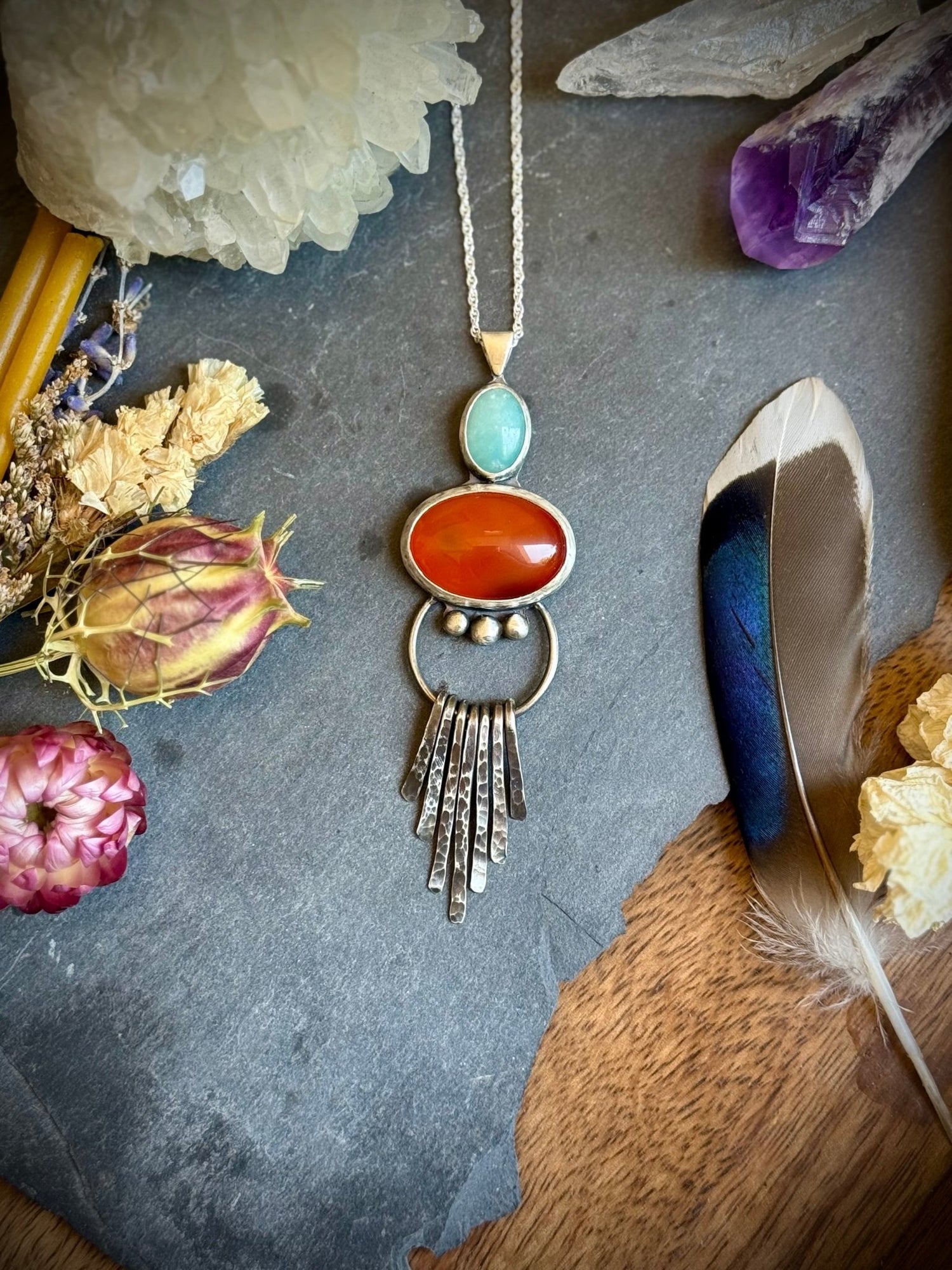 Spirit Dancer Carnelian & Amazonite Pendant | Handcrafted in Recycled Sterling Silver - Relic